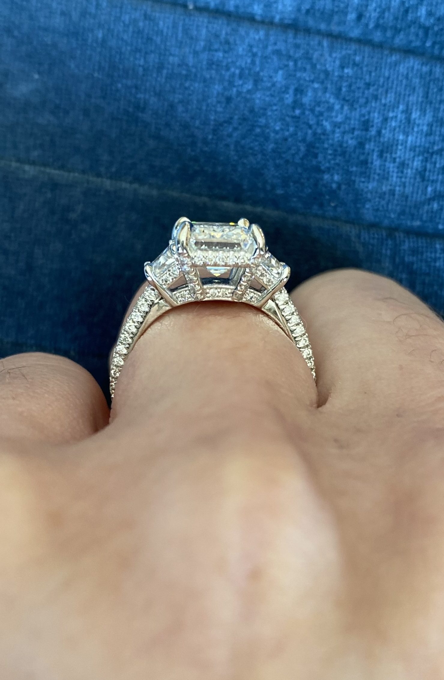 Jean Dousset Custom Chelsea Three Stone Trapezoid Sides Emerald 4.95 Carat Platinum