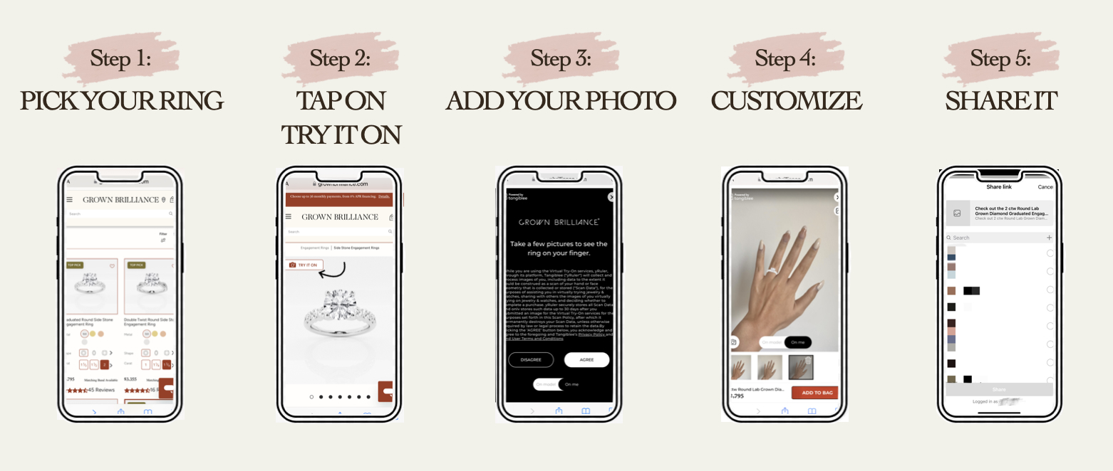 Step by step guide on Grown Brilliance's Lab-Grown Diamond Engagement Ring Virtual Try-On Experience.