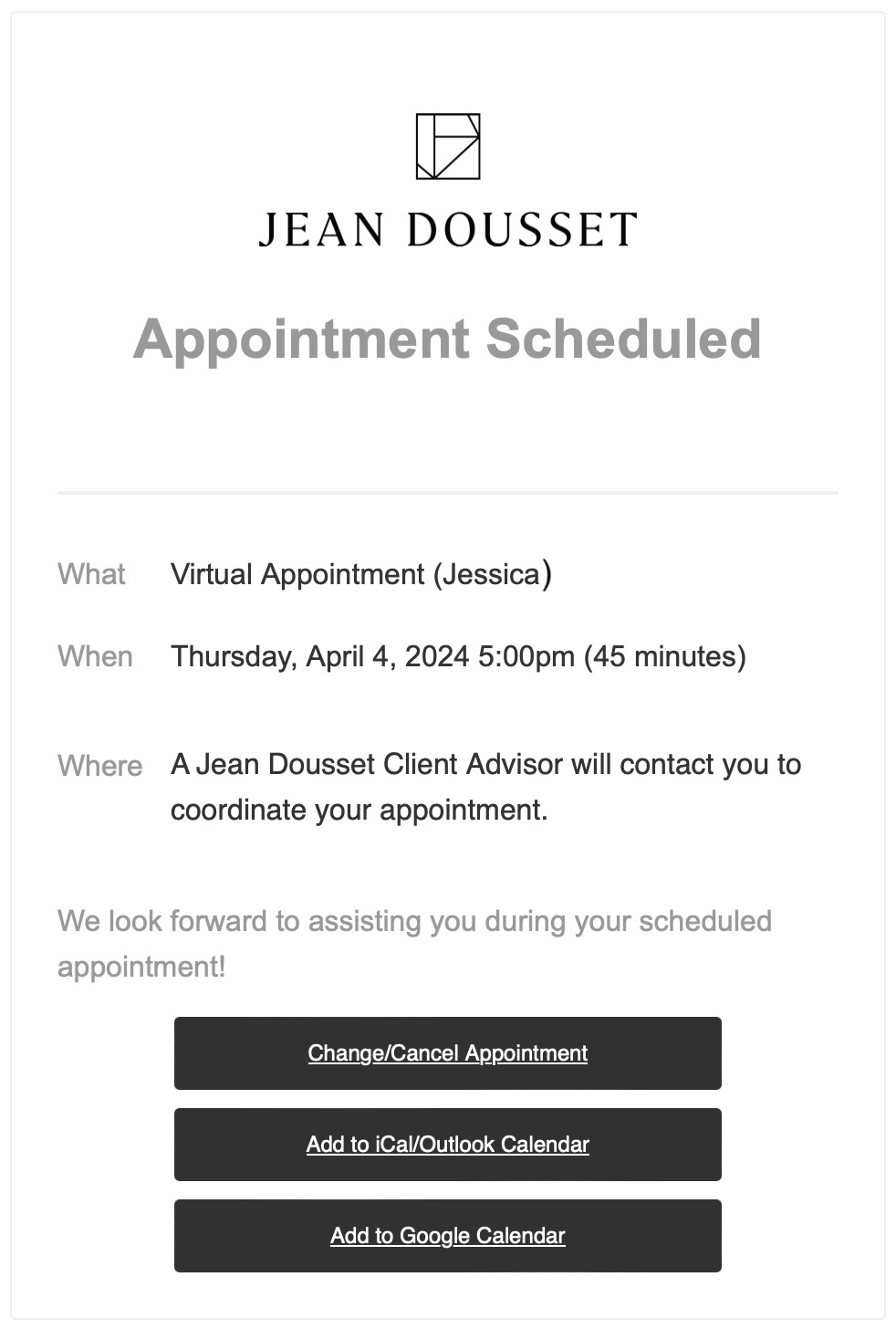 A screenshot of our virtual engagement ring appointment confirmation with lab-grown diamond brand Jean Dousset.