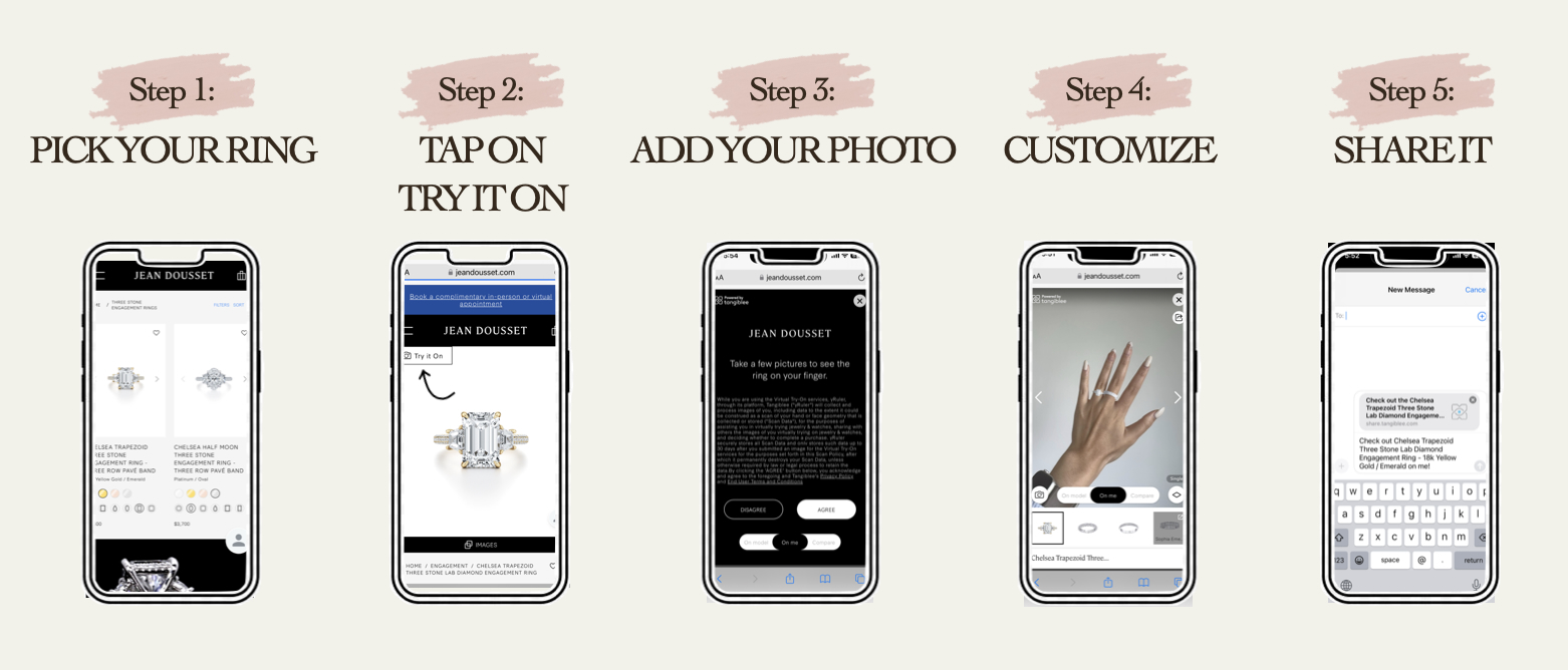 Step by step guide on Jean Dousset's Lab-Grown Diamond Engagement Ring Virtual Try-On Experience.