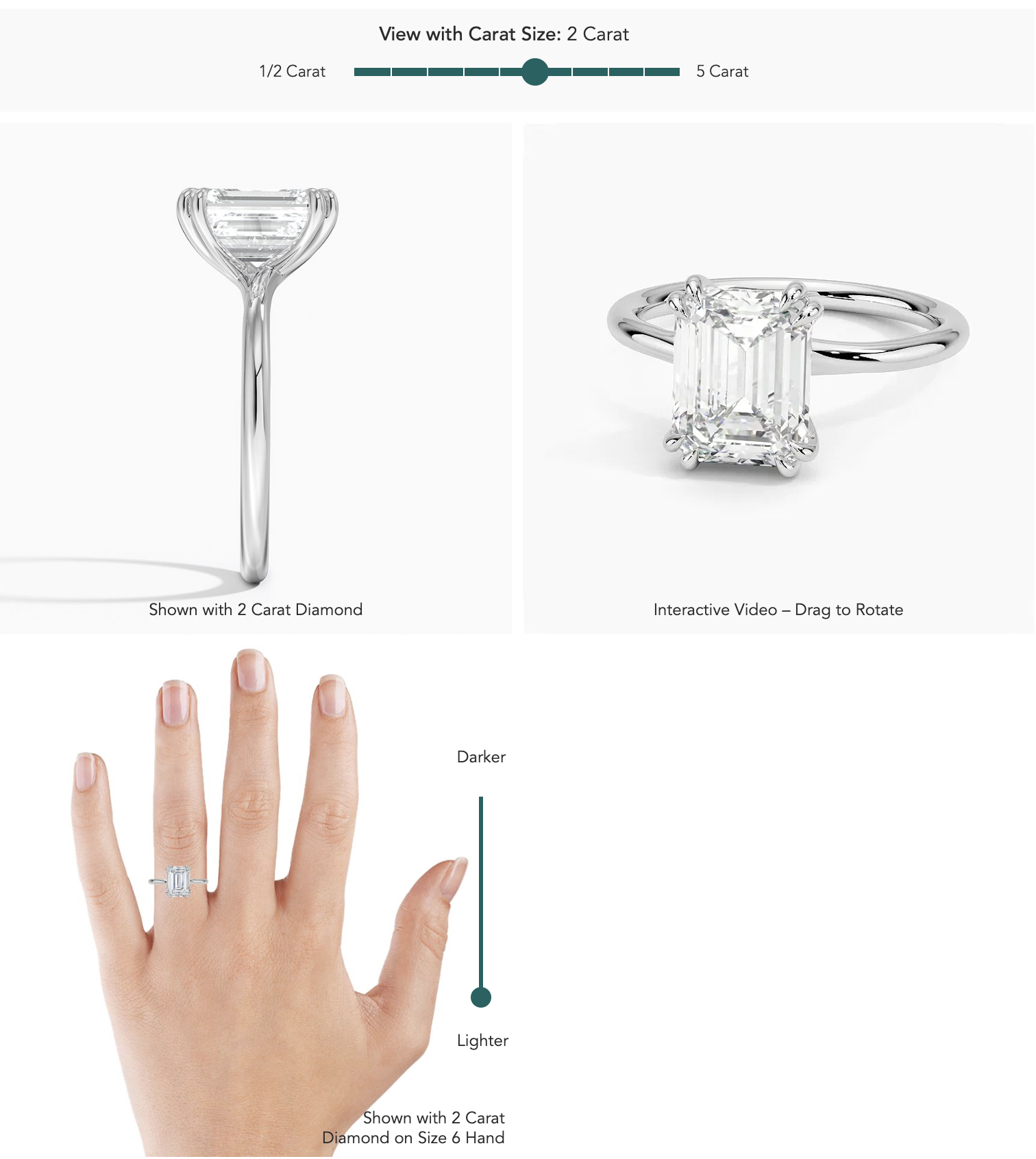 Brilliant Earth's Interactive Demonstration showing the carat size and complexion.
