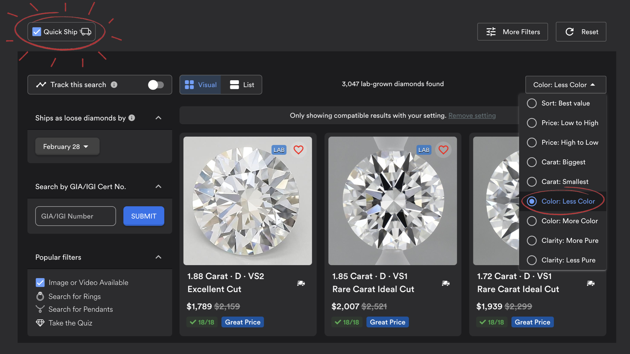 Rare Carat's Filtering System and Quick Ship Feature